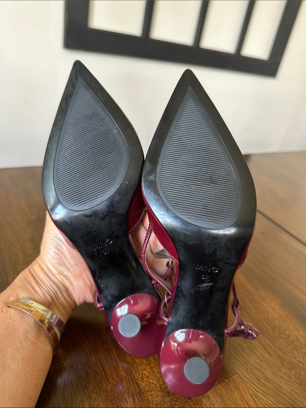 Mango Wine Red Patent Pointed Slingback Pumps with Studded Buckle - Picture 6 of 10